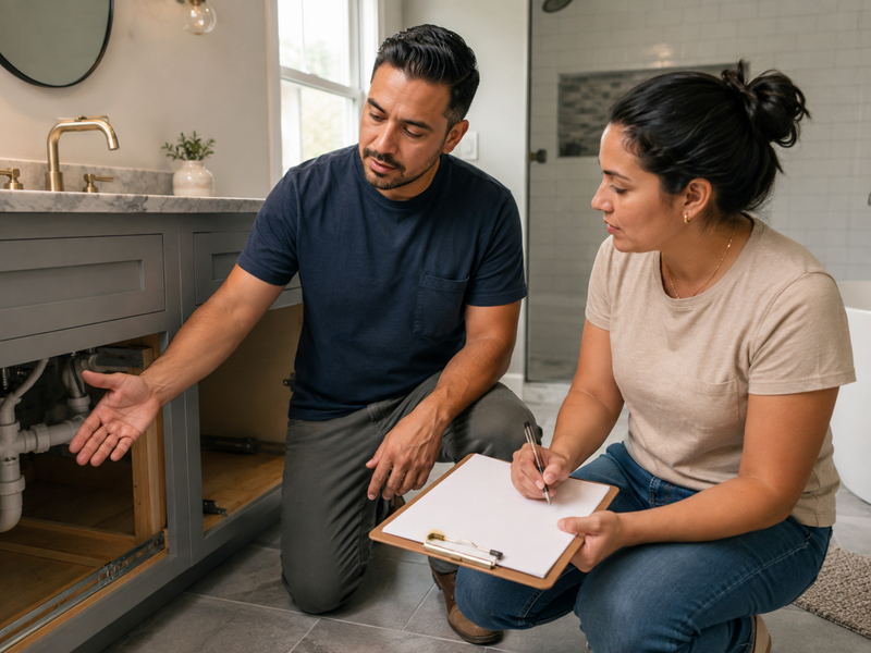 Homeowner taking notes while a plumber points out work under a bathroom vanity