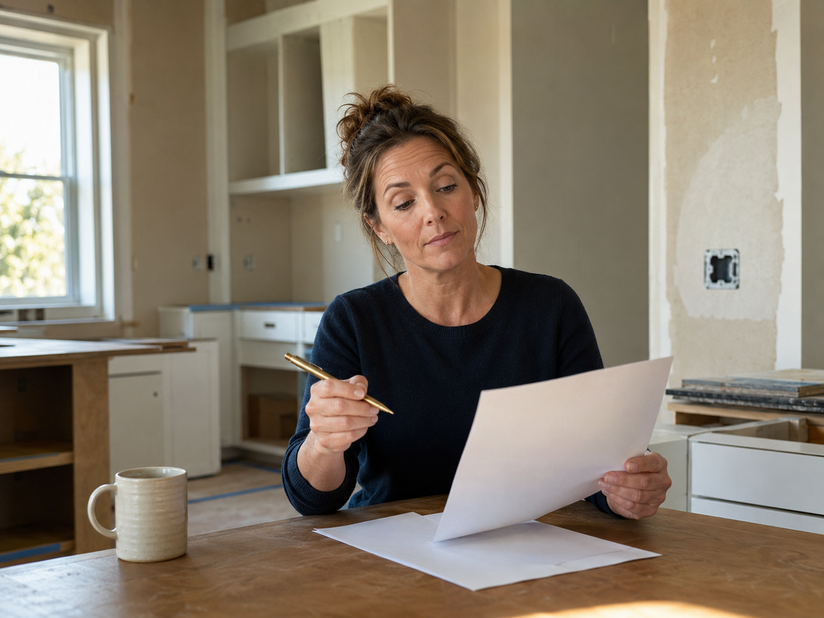 Homeowner reviewing a contractor estimate at the kitchen table of an unfinished kitchen